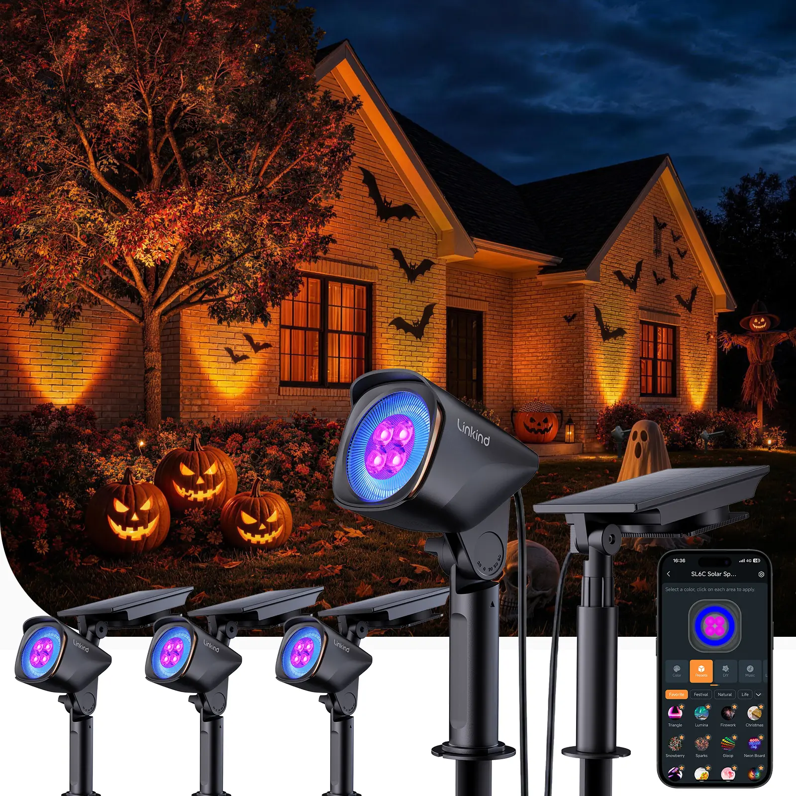 [Halloween Lights] Linkind Smart Solar Lights Outdoor Waterproof SL6C, Dual-Ring Solar & USB Charging Solar Spotlights Outdoor Waterproof IP66, Color Changing Spot Light for Yard, Tree, Landscape, House
