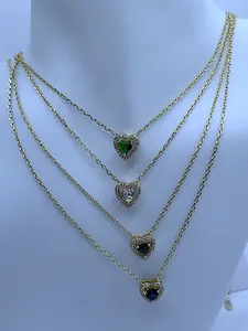 Heart Pendant Necklace with Green, White, and Blue Stones,