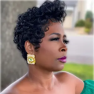 New Wholesale Arrivals Stylish Layered Short Pixie Cut Human Hair Wig for Women - Loose Curly 6" Natural Black Wig with 180% Density, Rose Net Cap, Perfect for Holiday & Party Wear