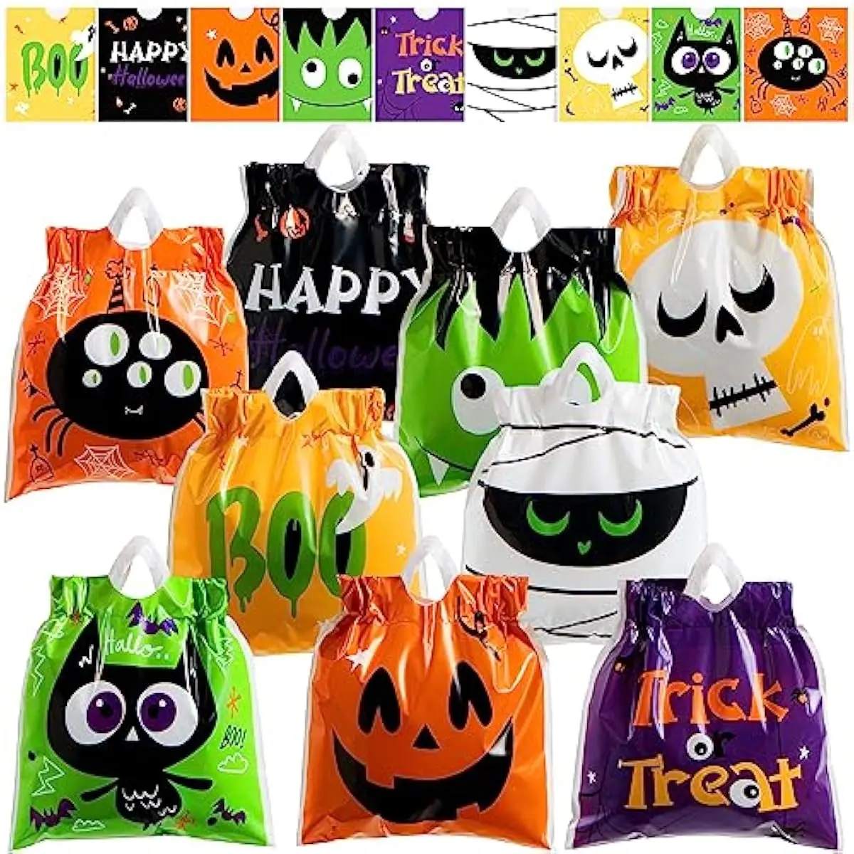 108 PCS Halloween Drawstring Treat Bags with 9 Character Designs, Mini Halloween Goodie Candy Bags, Plastic Gift Bag Bulk for Kids Boys Girls Trick or Treating, Party Favor Supplies