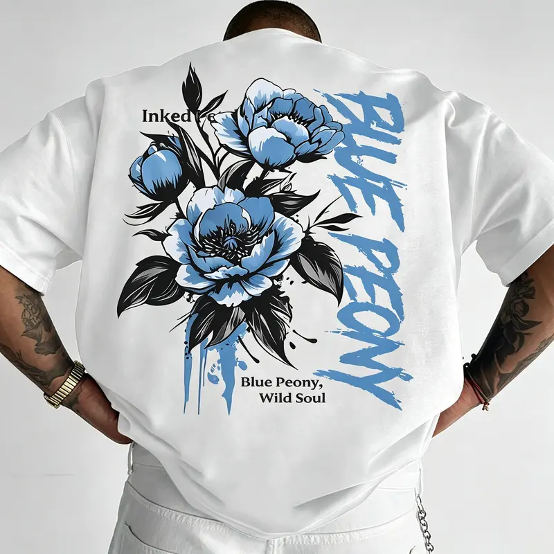 Menswear Cotton Customized Round Neck Graphic T-Shirt - American Streetwear Casual Top, Blue Peony Print, All Seasons, Regular Fit, Machine Washable, Do Not Bleach