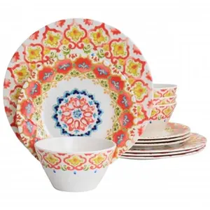 212 MAIN Laurie Gates California Designs Tamayo Melamine Tableware Set - 12-Piece Multi-Color Dinner Set with Geometric, Floral Details, Plates, Bowls, Rack, Lightweight Construction
