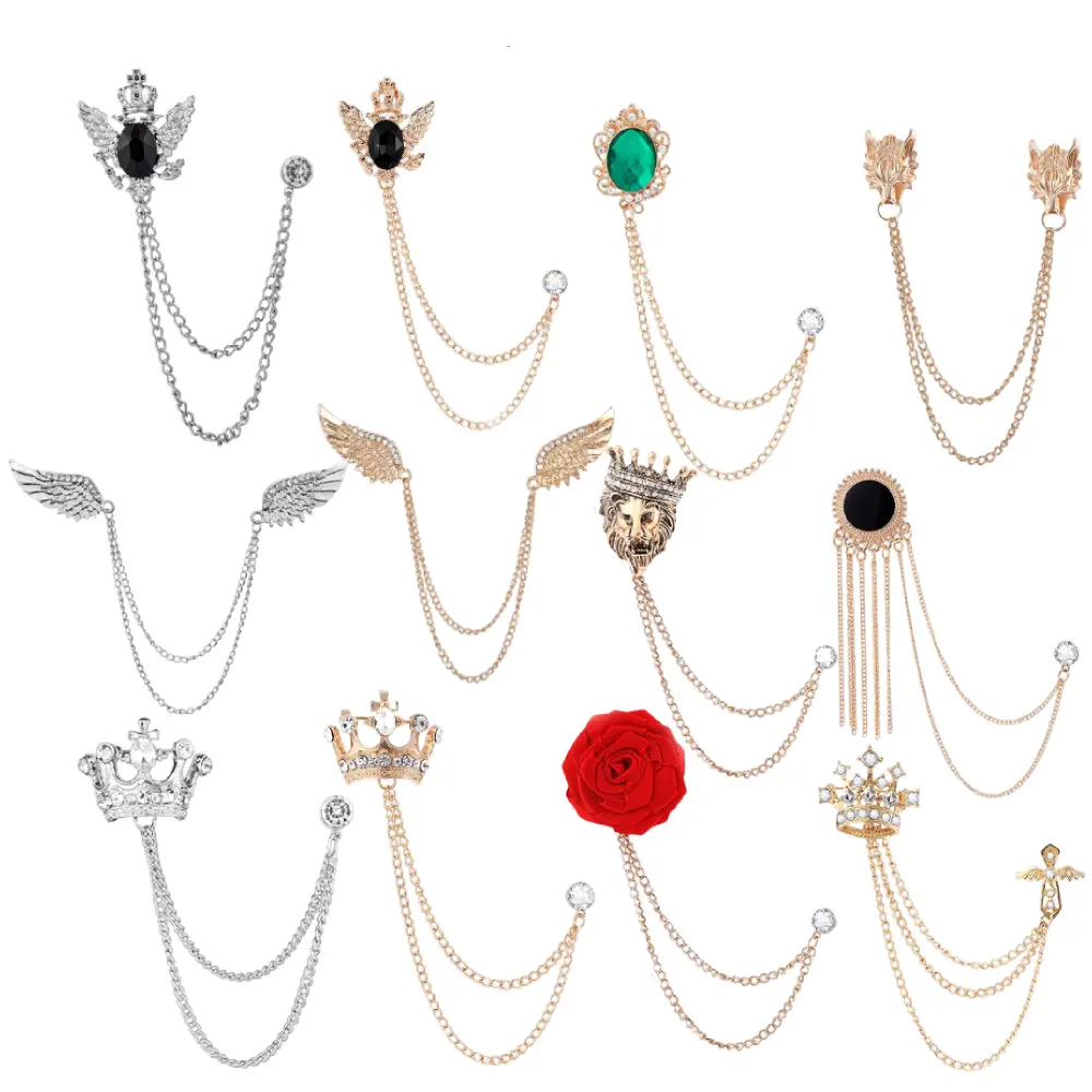 12PCS Men's Crown Hanging Chain Brooch with Stone Detailing, Engraving, Metal Crystal, Suit Stud Lapel Pin, Vintage Rhinestone Breastpin Wedding Brooch Pin, Gold and Silver