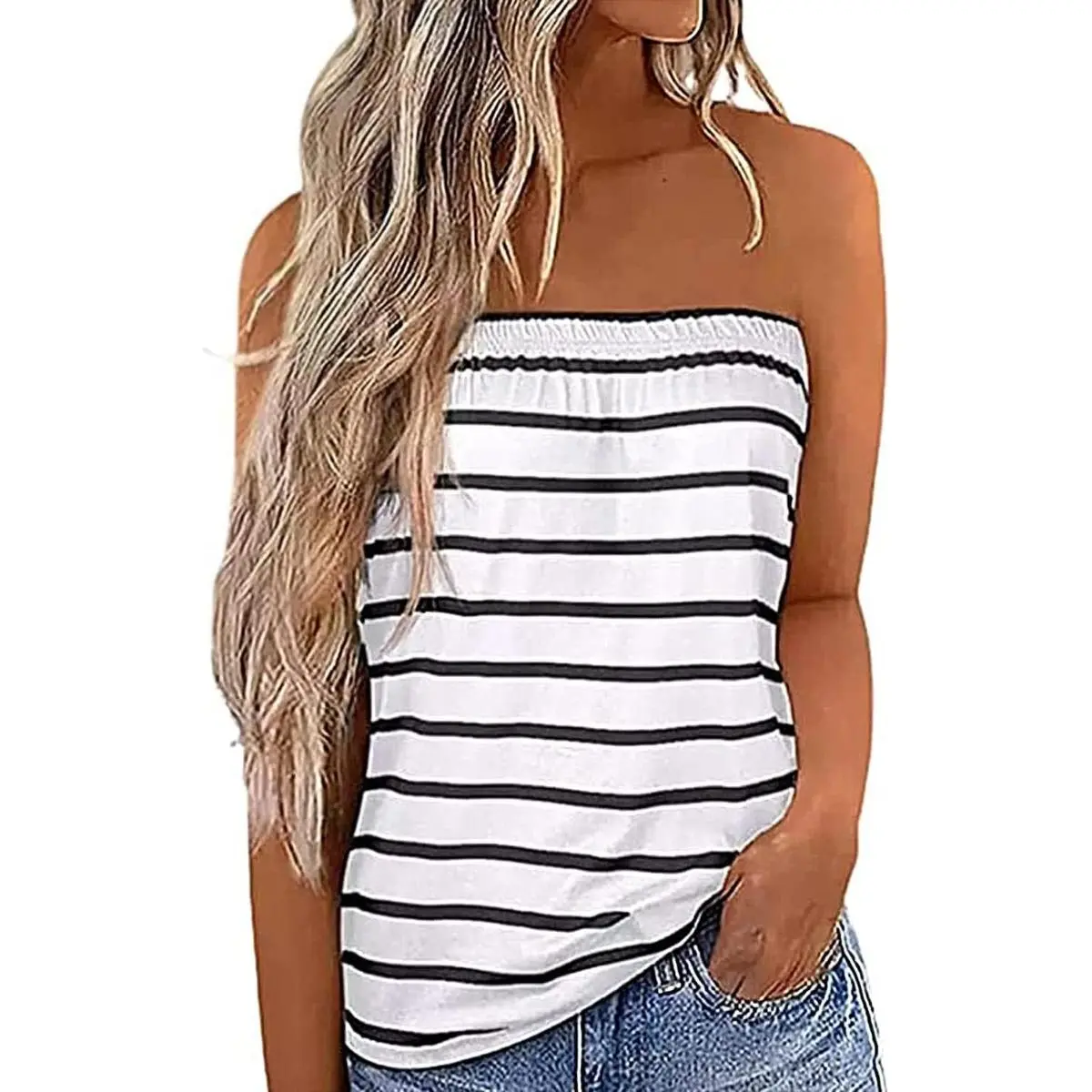 Striped Tube Top for Womens Sexy Strapless Tank Tops Loose Bandeau Sleeveless Backless Shirt Blouse Summer Vacation Fabric Spandex