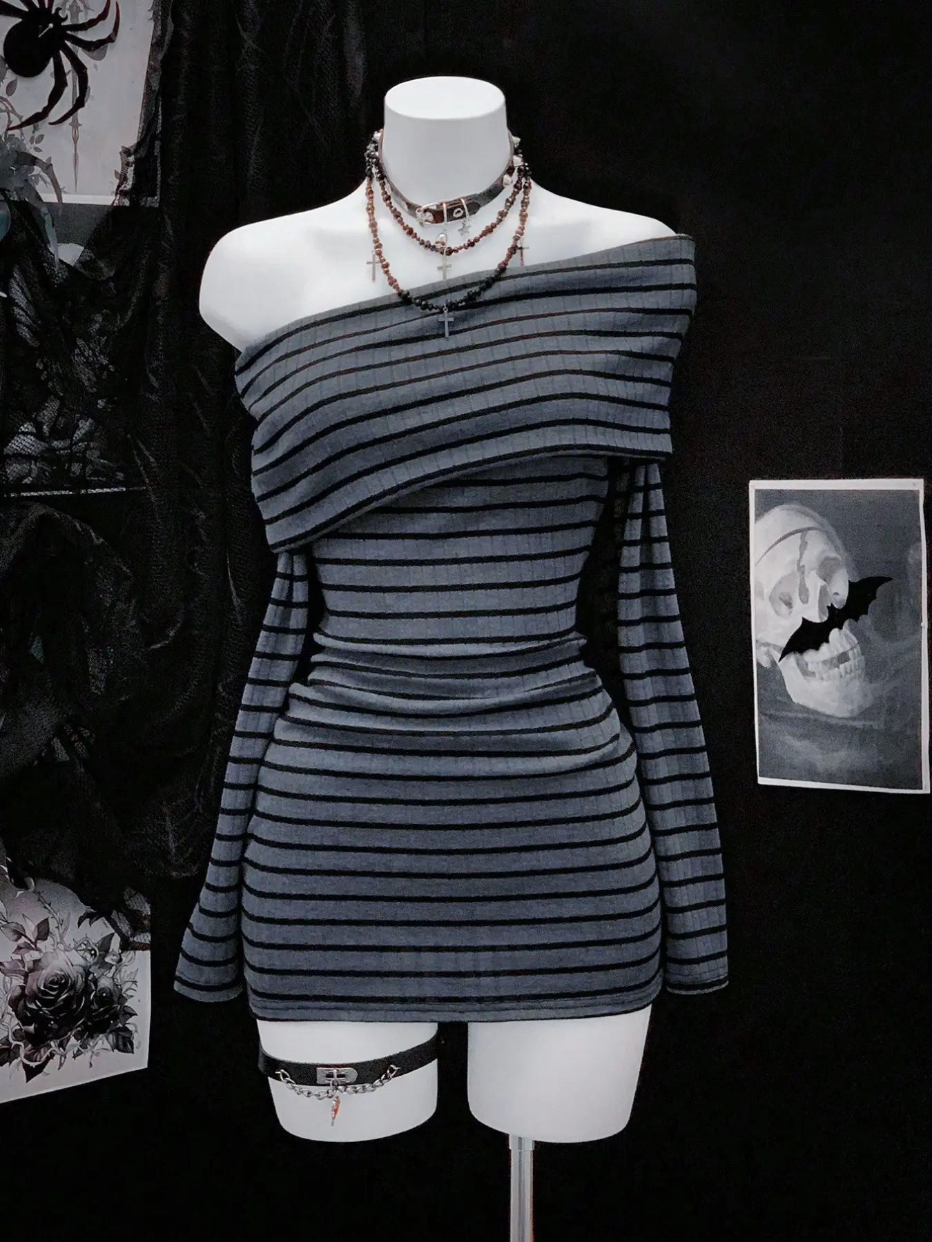 Women's Knitted Textured Striped Slim-Fitting Long Sleeve Dress, Fashion Off-Shoulder One Shoulder Bodycon Dress for Fall & Winter, Womenswear