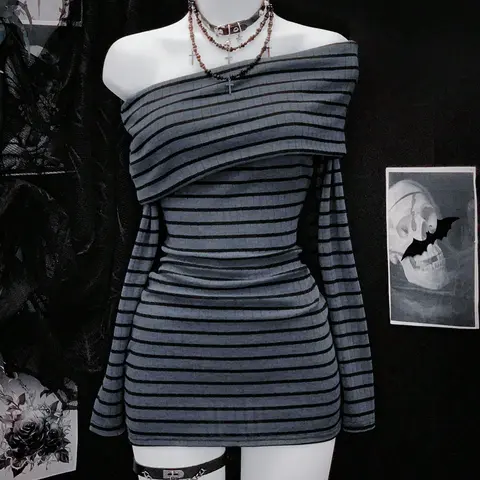 Women's Knitted Textured Striped Slim-Fitting Long Sleeve Dress, Fashion Off-Shoulder One Shoulder Bodycon Dress for Fall & Winter, Womenswear