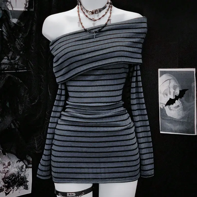 Women's Knitted Textured Striped Slim-Fitting Long Sleeve Dress, Fashion Off-Shoulder One Shoulder Bodycon Dress for Fall & Winter, Womenswear