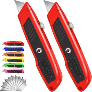 2 Pack Retractable Utility Knife with 10 Extra SK5 Blades, Heavy Duty Box Cutter with Aluminum Alloy Body, Sharp Razor Knife for Cardboard, Boxes, and Carpet