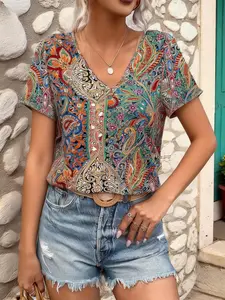 【Plus Size】Women's Paisley Print Loose Fit Long Sleeve Top, Casual Ethnic Style Blouse for All Seasons, Trendy Outerwear for Daily Wear