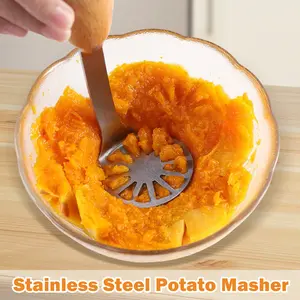 2 Counts Potato Masher, Stainless Steel Masher with Wood Non Slip Handle, Effortless Food Masher for Potatoes and Avocados