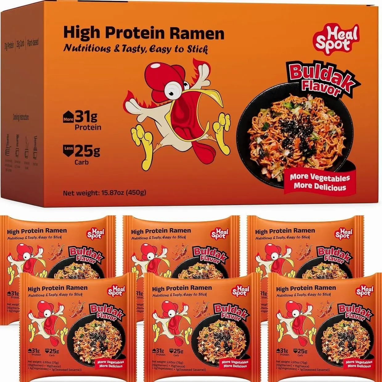 Healspot High Protein Spicy Buldak Noodles, Dry Tossed Ramen, 30g Plant-Based Protein, Low Fat, Low Carb, Non GMO, Keto Friendly & Plant Based (6 packs)