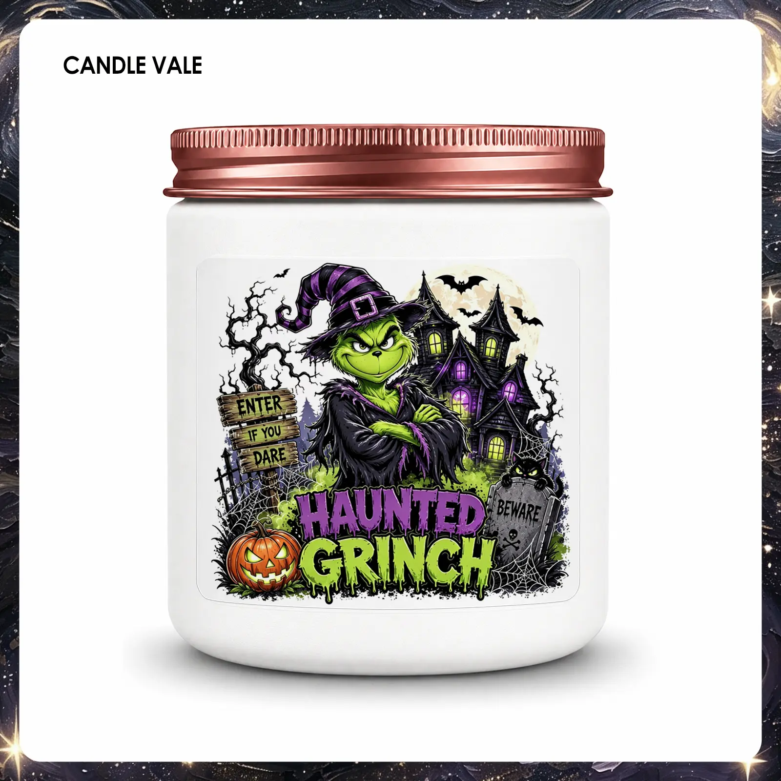 1Pc Handmade Scented Soy Candle, Haunted Witch Green Character Halloween Castle Print Fragrance Candle, Spooky Cute Halloween Christmas Holiday Gift for Women Family, 50-Hour Burn, Bedroom Living Room Halloween Home Fragrance Decor