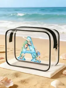 Ocean Letter & Seashell Printed PVC Makeup Bag Spacious zipper cosmetic pouch, easy to clean and portable. Suitable for travel, beach vacation and business trips. Ideal gift for friends.