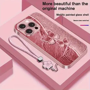 Double Butterfly Metal Painted Glass Phone Case with Lanyard, Suitable for iPhone 16/16 Plus/16 Pro/16 Pro Max/15/15 Plus/15 Pro/15 Pro Max/14/14 Plus/14 Pro/14 Pro Max/13/13 Pro/13 Pro Max/13 Mini/12/12 Pro/12 Pro Max/12 mini/11/11 Pro Max/X/XS/XR/XS Max