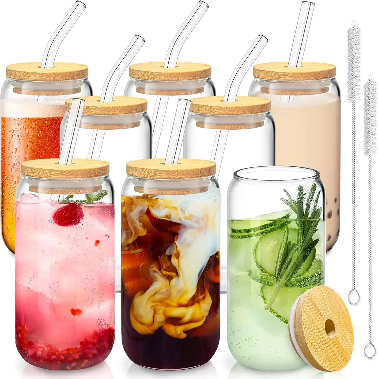 16oz Drinking Glasses with Bamboo Lids & Straws (8/10/12pcs Set) | 2 Brushes Included | Perfect for Coffee Bar Decor & Aesthetic Gifts