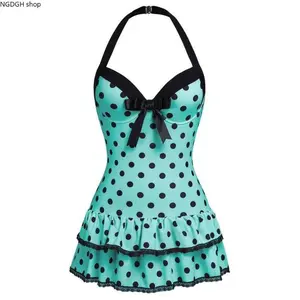 Women's 1940s White Halter Polka Dot Bow 1-Piece Swimsuit, Backless Bathing Suit with Ruffled Hem, Vintage Charm & Comfortable Fit, One Piece Swimsuit