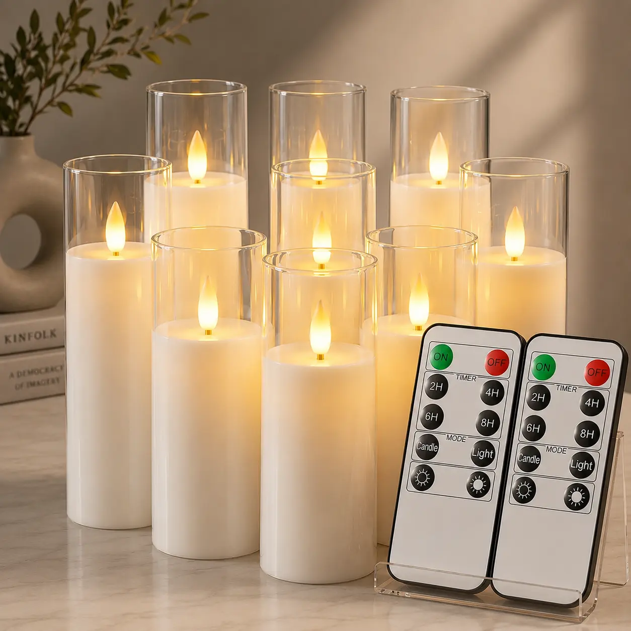Pure White Acrylic Flameless LED Candles Set of 9, Battery Operated with Remote & Timer, Electric Fake Candles for Aesthetic Home Decor, Room, Living Room, House, D2.2xH5"-7" Nightstand Lamps Back to School Summer Sale Deals