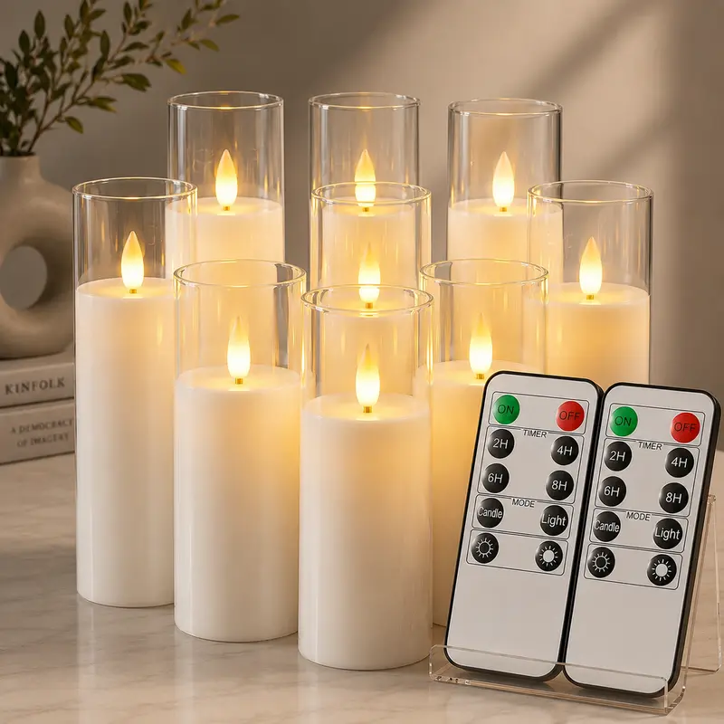 Pure White Acrylic Flameless LED Candles Set of 9 - Battery-Powered with Remote Control & Timer, Safe Contemporary Electric Fake Candles, Nightstand Lights for Room Decor, D2.2xH5"-7", No Wiring (Suitable for House, College Dorm, Living Room Use)