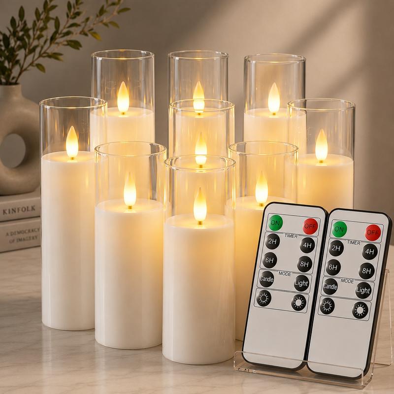 Pure White Acrylic Flameless LED Candles Set of 9 - Battery-Powered with Remote Control & Timer, Safe Contemporary Electric Fake Candles, Nightstand Lights for Room Decor, D2.2xH5"-7", No Wiring (Suitable for House, College Dorm, Living Room Use)