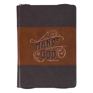 Man of God Honey-brown and Espresso Faux Leather Journal with Zipper Closure - 1 Timothy 6:11