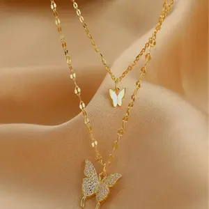 Double-Layered Butterfly Necklace With Rhinestones, Alloy Material, Perfect Gift For Girlfriend