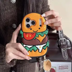 3D Fun Burger Silicone Phone Case For iPhone 13 14 15 16 17 Pro Max Shockproof Protective Cover Cartoon Design Accessories Smartphone Protector Casing Protection Cellphone