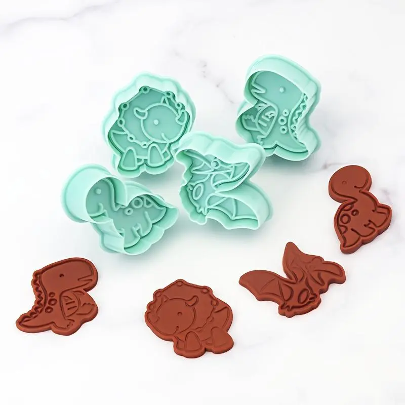 Createklat 4pcs Dinosaur Plastic Cookie Cutters - Spring-Action Bakeware Utensils for Themed Baking, Parties - Essential Supplies (Spinosaurus, Brachiosaurus, Stegosaurus, Triceratops)