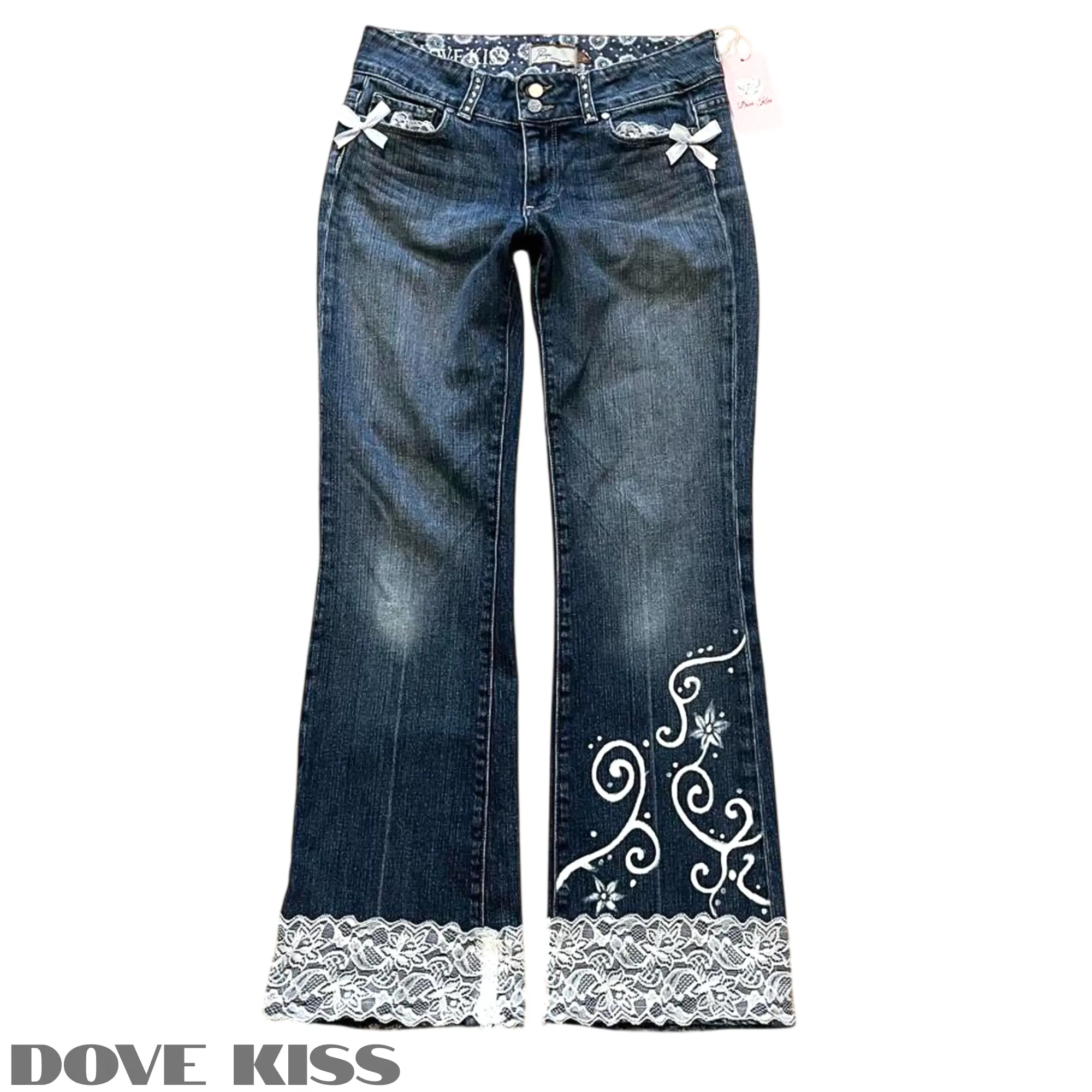 Reworked/Upcycled Y2K Princess Ribbon Jeans (with lace, hand-painted art & bows)