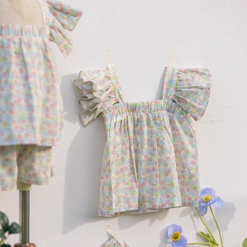 Vintage Floral Ruffle Matching Set – Lightweight Cotton Flutter Sleeve Top & Shorts, Aesthetic Cottagecore Summer Two Piece Outfit