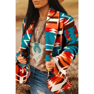 Sky Blue Aztec Printed Lapel Bell Sleeve Jacket