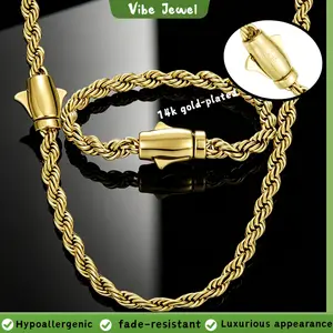 14K Gold Plated Rope Chain Necklace & Bracelet Set – 6mm Chunky Necklace for Women Men Layering Jewelry Set 16-30in, 7.5-8.5in