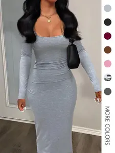 Women's Sexy Plain U Neck Long Sleeve Bodycon Dress, Minimalist Solid Tight Sleeve Long Dress for Fall, Ladies Clothes for FallGift（gift）