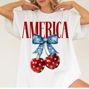 America Cherry Bow Coquette T-Shirt, Patriotic Red White Blue Summer Tee, Fourth of July Cherry Graphic Top, Aesthetic Stars and Stripes Bow Shirt