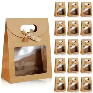 15 Reusable Kraft Paper Gift Bags with Bows & Transparent Windows, Flip-Top Handles - Sturdy Stitched Edges for Candies, Cookies, Weddings, Thanksgiving, Valentine'S Day Party Favors, Candy Bags, Wedding Favor Bags, Natural Look, Handcrafted Look
