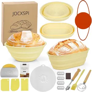 Sourdough Starter Kit, & Thickened 9" Round & 10" Oval Banneton Bread Proofing Basket, Foldable, Non-Stick Sourdough Basket with Bread Sling & Baking Supplies