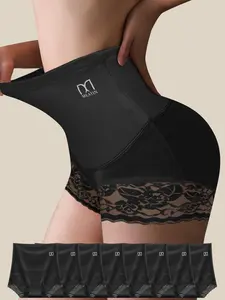QUASTI Women's 8-Pack Ice Silk High-Waist Lace-Trim Soft Panties - Slimming Tummy Control, Hip-Lifting, Seamless Anti-Roll Edge, Breathable Comfy Innerwear, Basic Smooth Fit, S-XXL (8*Blacks) summerwins