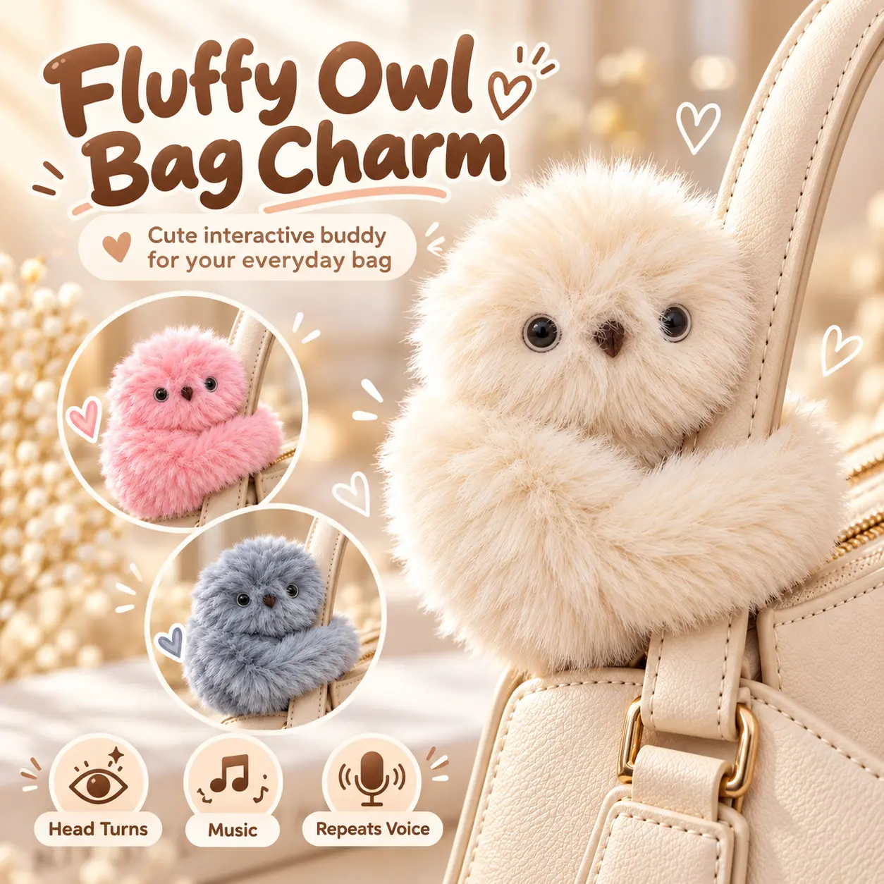 Fluffy Kawaii Owl Plush Bag Charm - Interactive Voice Repeat, Moving Head - Quirky Gifts, Cool Unique Gifts for Women, Purse Charms for Backpack & Tote Bag