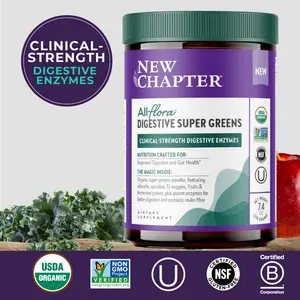 New Chapter All-Flora Digestive Super Greens Powder for Gut Health - Clinical-Strength Digestive Enzymes + USDA Organic Chlorella, Spirulina, Fermented Greens - 30 servings
