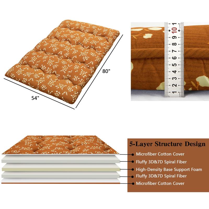 【GARVEE】Floral Pattern Japanese Futon Mattress, Full Size Sleeping Mattress for Adults, Guest Room, Floor Use, Roll Up for Camping and Versatile Comfort
