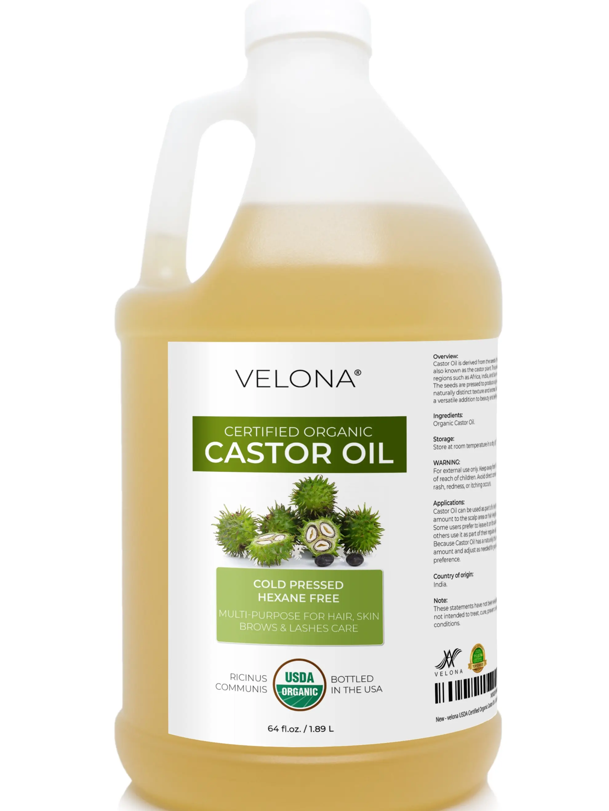 velona USDA Certified Organic Castor Oil - 64 fl oz | For Hair Growth, Boost Eyelashes, Eyebrows | Cold pressed, Natural Oil, USP Grade | Hexane Free, Lash Serum, Caster