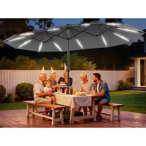 [2026 Upgrade] 13ft/15ft Solar LED Double-Sided Patio Umbrella with Base, UPF 50+ UV Protection Large Rectangular Outdoor Umbrella with Crank for Garden Deck Poolside