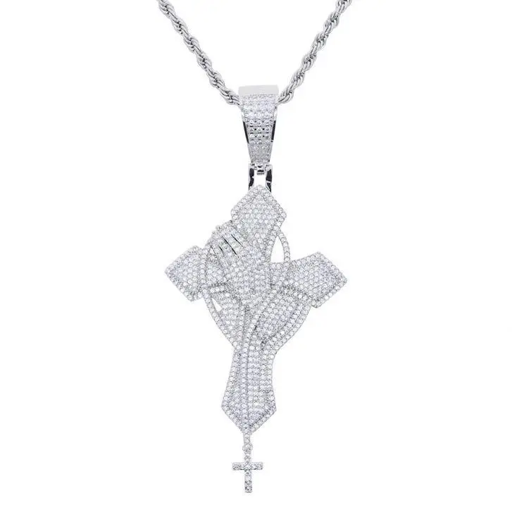 Praying Hands with Cross Chain Cubic Zirconia Pendant Necklace Hip Hop Jewelry Unisex Men Women Gift Daily Wear Christian Decor Praying Hands with Cross Chain Cubic Zirconia Pendant Necklace Hip Hop Jewelry Unisex Men Women Gift Daily Wear Christian Decor