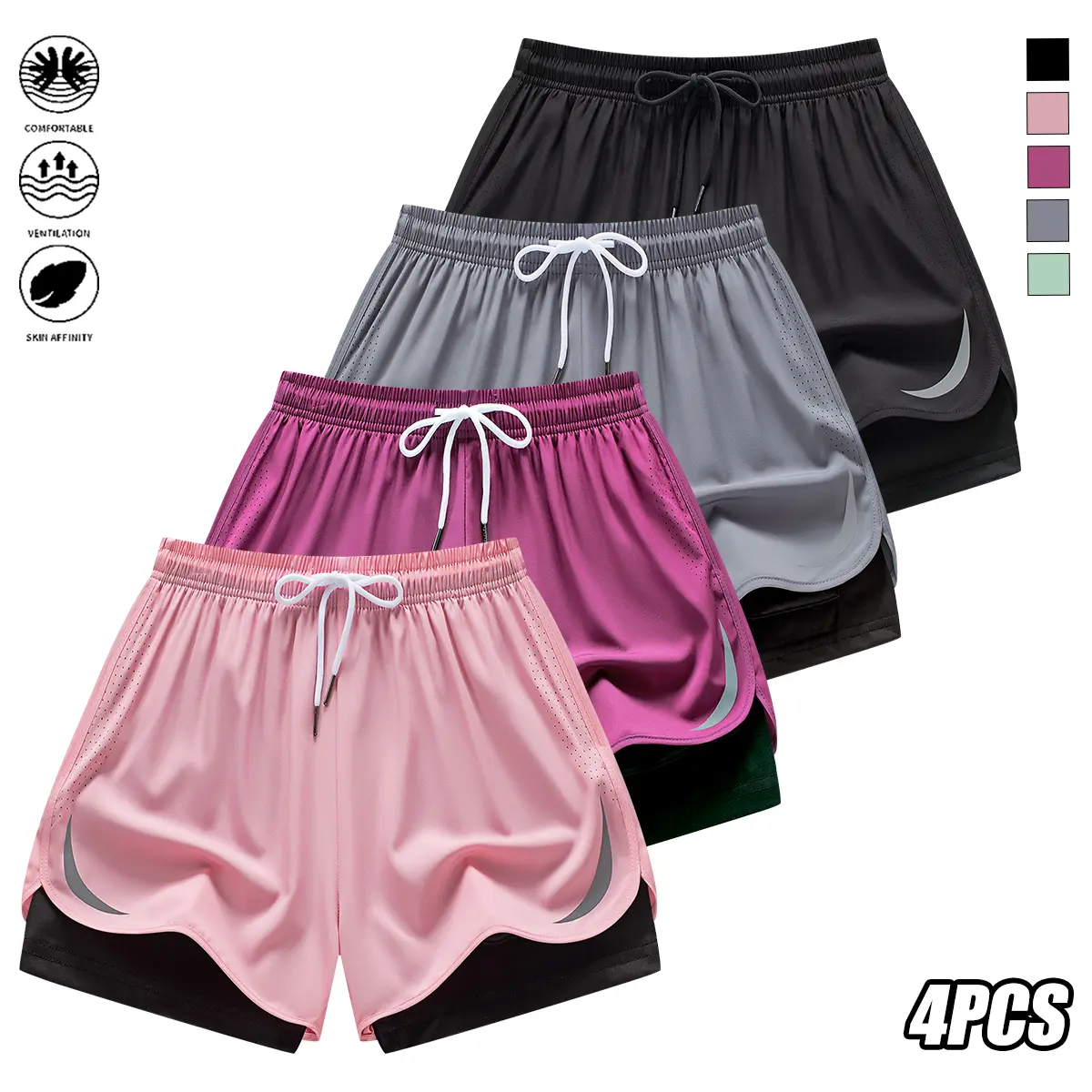 JOGWAVE 4PCS American-style running shorts — quick-drying, breathable, moisture-wicking; suitable for sports, casual yoga, and beach wear; designed specifically for women; an ideal choice for marathons; no pockets; a must-have for back-to-school shopping.