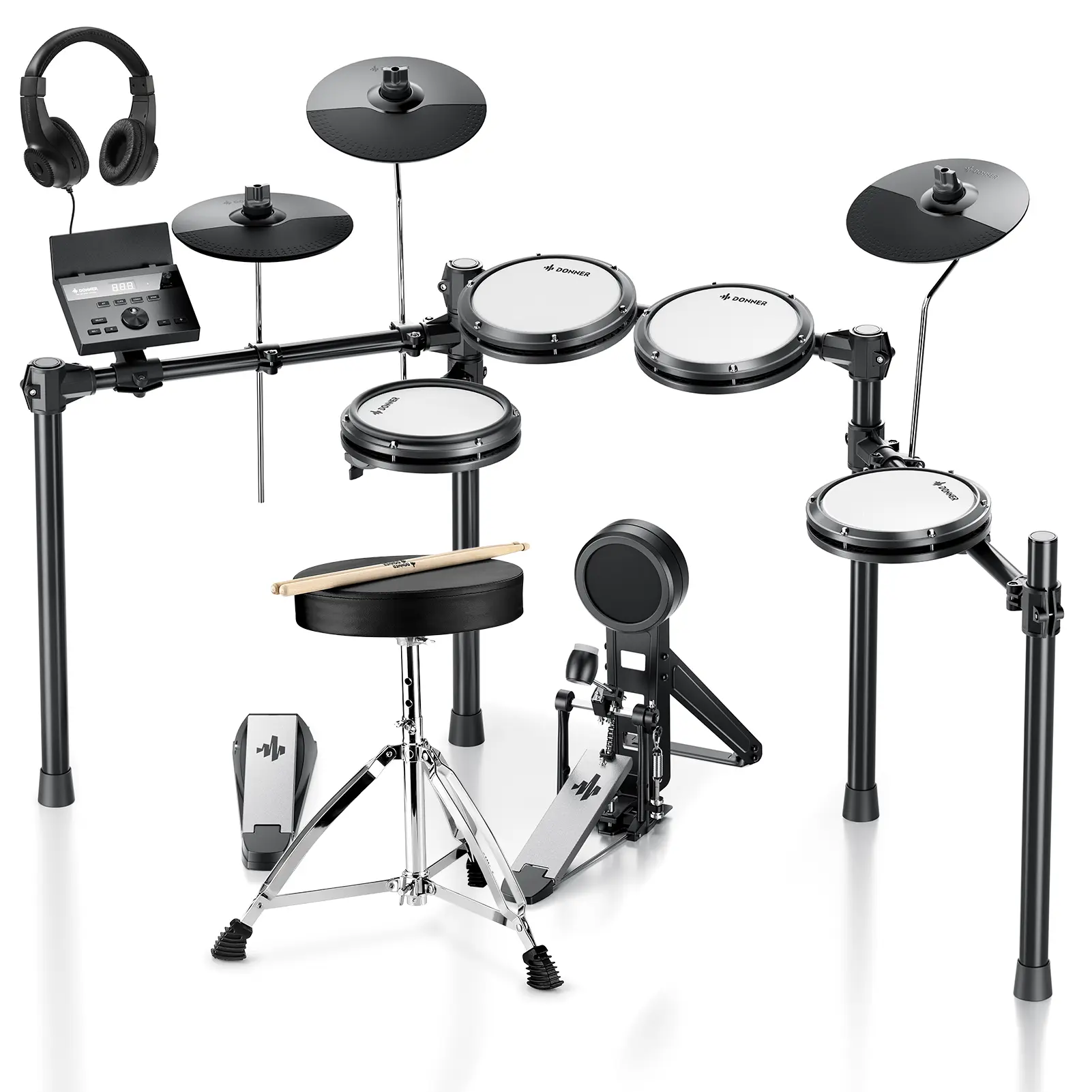 Donner DED-100 Beginner Electronic Drum Set - 5-Drum, 3-Cymbal Complete Kit with Bluetooth, USB-MIDI Connectivity, 450 Sounds, 30 Kits, 50 Songs