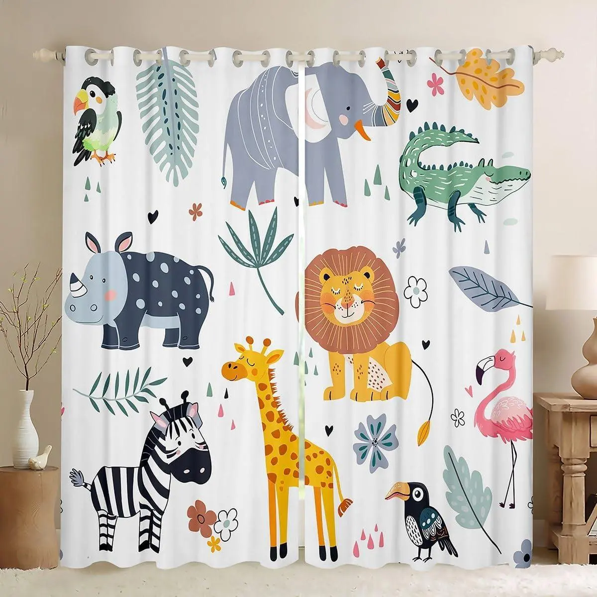 Kids Zoo Animal Window Curtains Cute Wild Animals Curtains for Bedroom Cartoon Safari Wild Window Drapes for Boys Girls Teens Exotic Natural Theme Window Treatments,,2 Panels