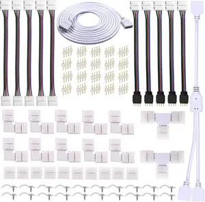 74 pcs 4-pin LED strip connector kit, including extension cords, L-shaped/T-shaped connectors, gapless adapters, and fixing clips, suitable for 10mm 5050 RGB strip installation