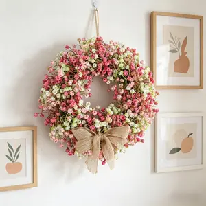 Artificial Baby's Breath Floral Wreath, Burlap Bow, Farmhouse Style, UV Resistant, Home Decor, Mother's Day, Easter Party