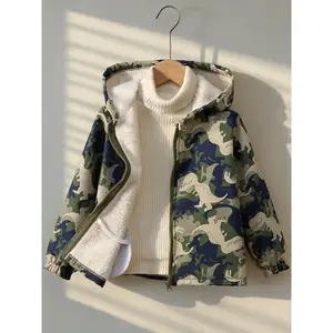 Cute Cartoon Print Boys' Mid-Length -Lined Jacket with Zipper Closure