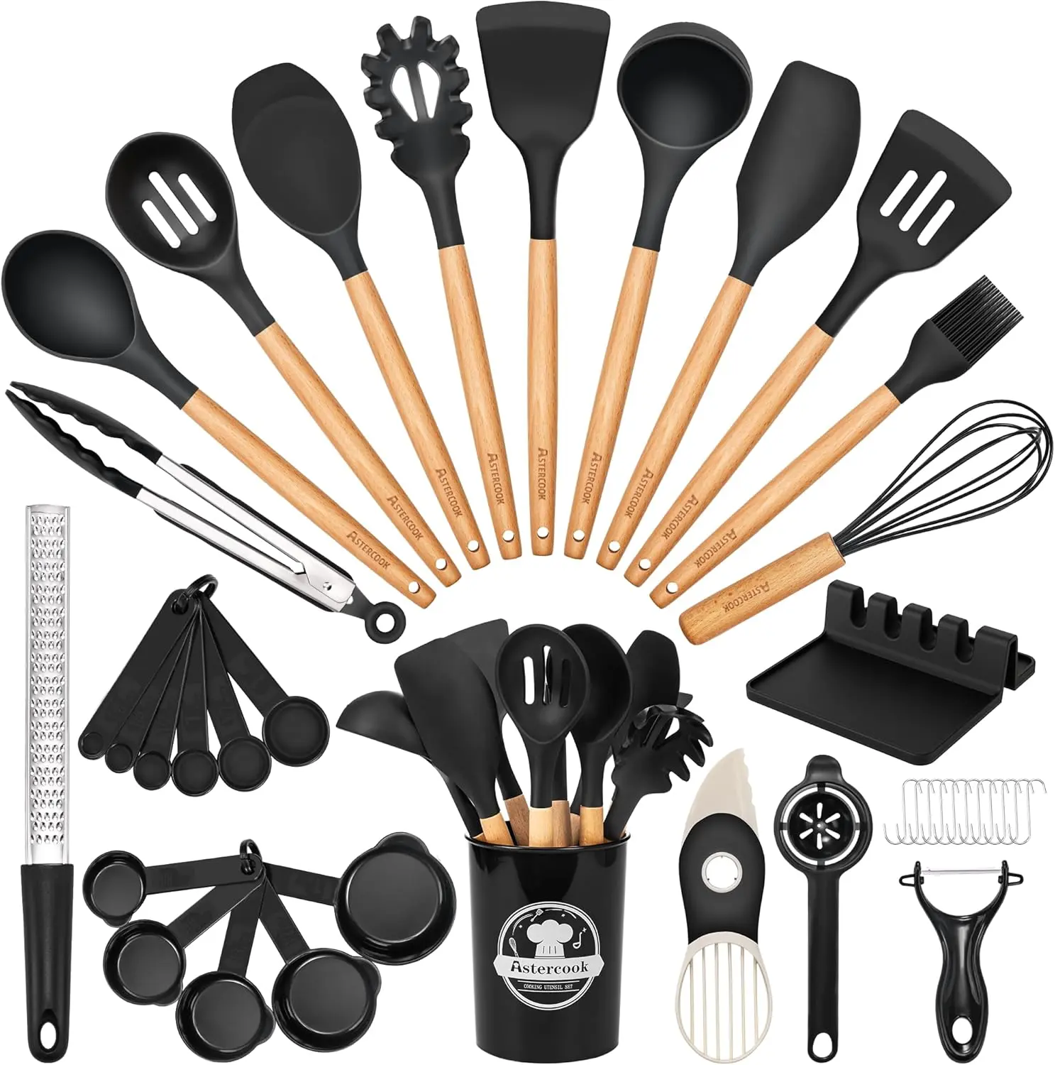 39 PCS Kitchen Utensils Set, Silicone Cooking Utensil Sets with Wooden Handle, 446°F Heat Resistant Food Grade Spatula Set, BPA Free Kitchen Gadgets Tools Set & Spoons for Nonstick Cookware