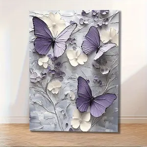 [Hanging Art]2D Flat, Single Piece of 2D Flat Wall Art Featuring an Elegant Butterfly And Floral Design, Framed in Wood. This Large Print Showcases a Rustic Farmhouse Style with Purple And White Flowers Against a Grey Backdrop